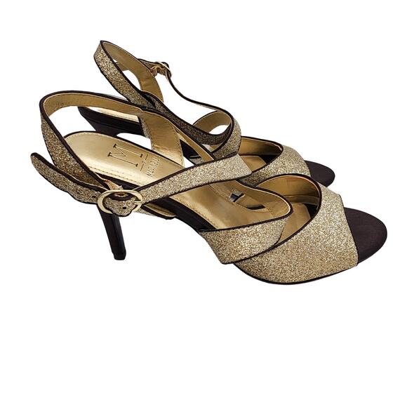 M by Marinelli Sparkle Gold Peep Toe Heels Size 8 Dark Brown Strappy Cocktail - Picture 3 of 10